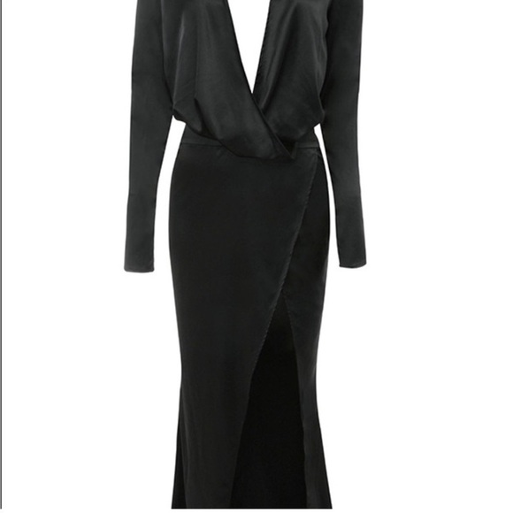 House of CB Serafina Black Satin Gown Deep-V Plunge Long Sleeve Slit Maxi XS - Picture 9 of 15